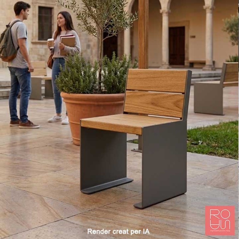 Banc urbà Sèrie KUB d'acer i fusta exòtica